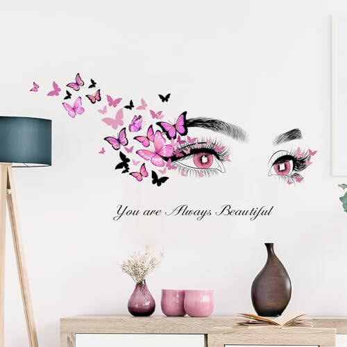 Beautiful Eyelash Eyes Wall Stickers Flying Butterfly Wall Decals You are Always Beautiful Quotes Wall Decor Vinyl Wall Art Butterflies Wall Decor Stickers for Women Girls Bedroom Living Room Decor - 5