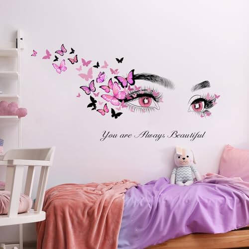 Beautiful Eyelash Eyes Wall Stickers Flying Butterfly Wall Decals You are Always Beautiful Quotes Wall Decor Vinyl Wall Art Butterflies Wall Decor Stickers for Women Girls Bedroom Living Room Decor - 6