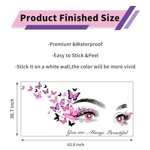 Beautiful Eyelash Eyes Wall Stickers Flying Butterfly Wall Decals You are Always Beautiful Quotes Wall Decor Vinyl Wall Art Butterflies Wall Decor Stickers for Women Girls Bedroom Living Room Decor - 7