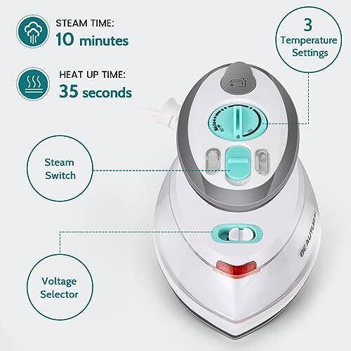 BEAUTURAL Mini Travel Steam Iron for Clothes with Dual Voltage, Non-Stick Soleplate, Anti-Slip Handle, Ideal for Sewing, Quilting and Handcraft - 2