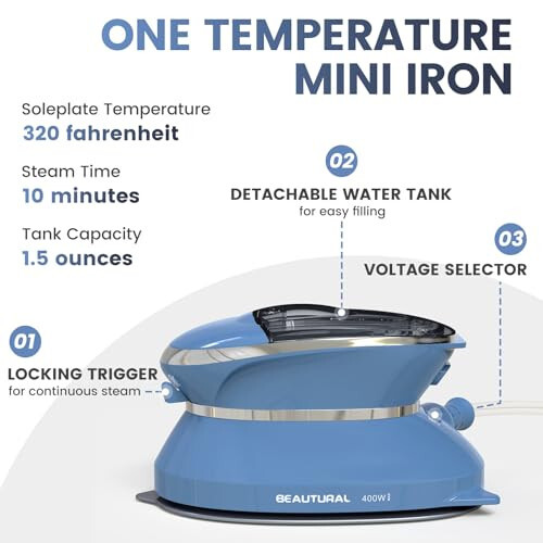 BEAUTURAL Mini Travel Steam Iron for Clothes with Dual Voltage, Non-Stick Soleplate, One Temperature Technology, Detachable Water Tank, Ideal for Sewing, Quilting and Handcraft - 2