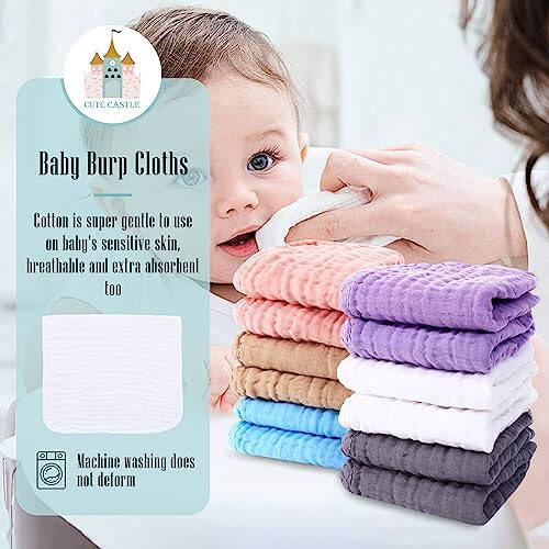 Bebek İçin Sevimli Kale 12'li Muslin Öksürük Bezi - Ultra Yumuşak %100 Pamuk Bebek Yüz Bezi - Büyük 20'' x 10'' Süper Emici Süt Kusma Bezi - Unisex, Erkek, Kız Bebek Öksürük Bezi - Çok Renkli - 3