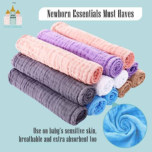 Bebek İçin Sevimli Kale 12'li Muslin Öksürük Bezi - Ultra Yumuşak %100 Pamuk Bebek Yüz Bezi - Büyük 20'' x 10'' Süper Emici Süt Kusma Bezi - Unisex, Erkek, Kız Bebek Öksürük Bezi - Çok Renkli - 6