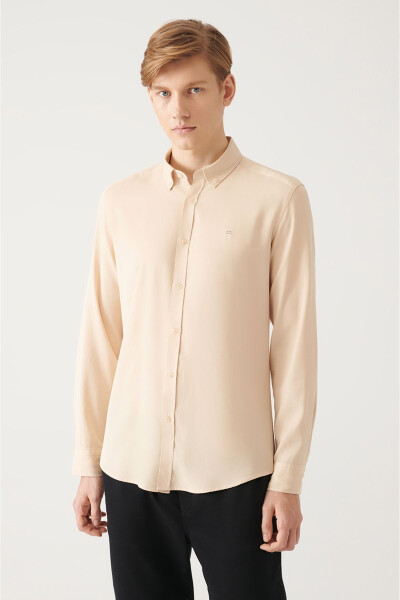 Beige Button-Down Collar Comfort Fit Tencel Shirt B002001 - 6