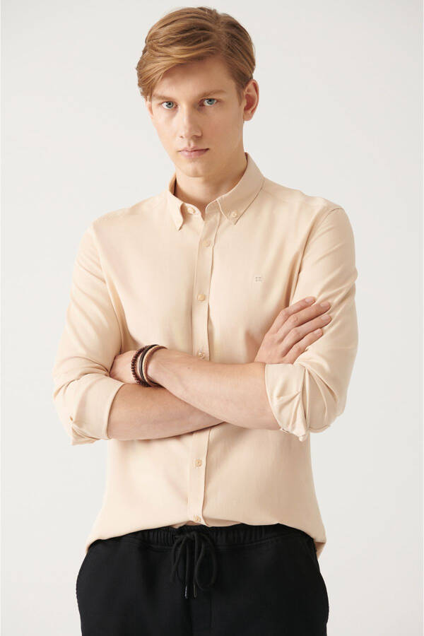 Beige Button-Down Collar Comfort Fit Tencel Shirt B002001 - 8