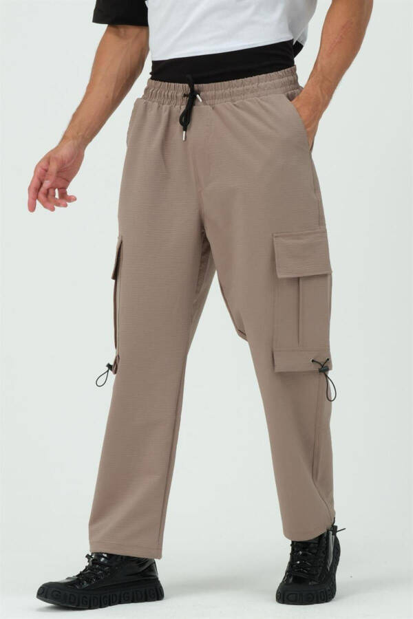 Beige Cargo Pocket Parachute Jogger Pants with Stopper - 13