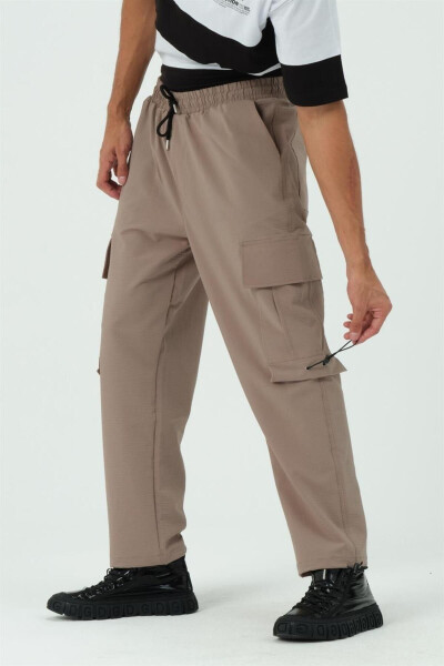 Beige Cargo Pocket Parachute Jogger Pants with Stopper - 17