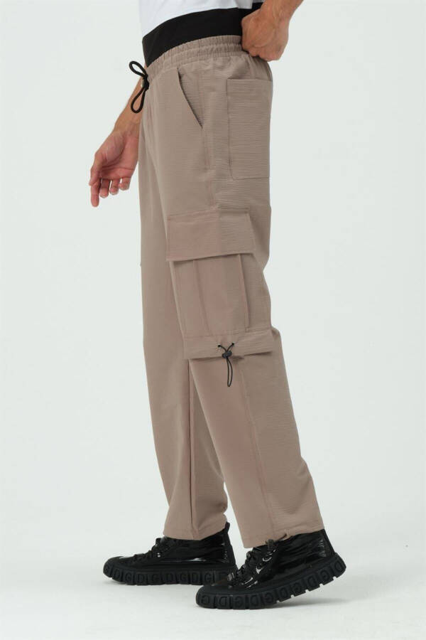 Beige Cargo Pocket Parachute Jogger Pants with Stopper - 8