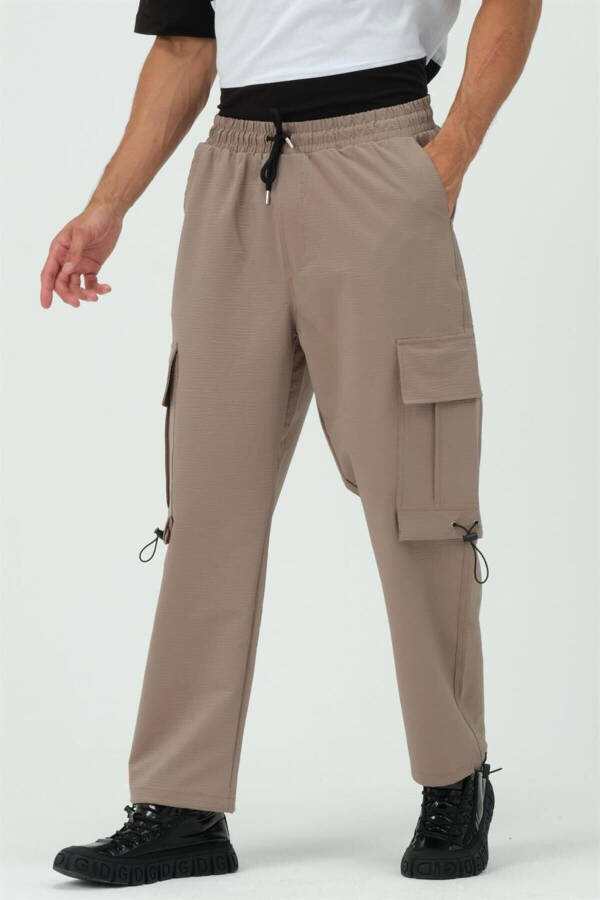 Beige Cargo Pocket Parachute Jogger Pants with Stopper - 1