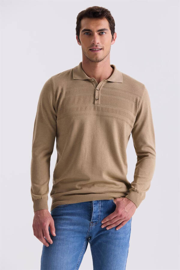 Beige Classic Fit Button Detail Polo Neck Knit Sweater - 1