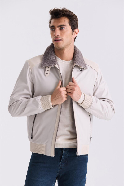 Beige Comfort Fit Fur Collar Front Zipper Real Leather Detailed Jacket - 1