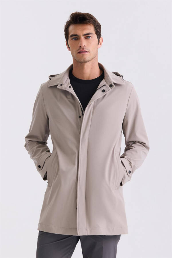 Beige Comfort Fit Hooded Concealed Zipper Classic Model Jacket - 5