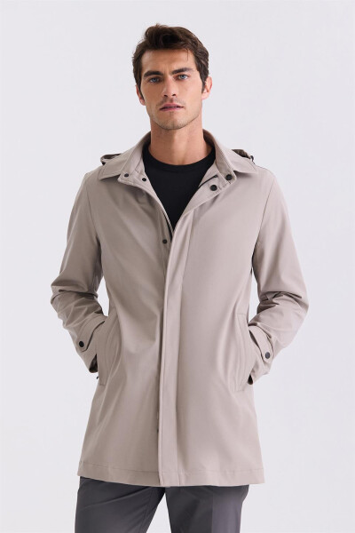 Beige Comfort Fit Hooded Concealed Zipper Classic Model Jacket - 1