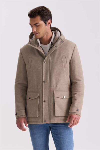 Beige Comfort Fit Hooded Wool Coat - 5