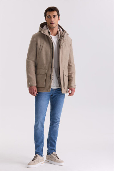 Beige Comfort Fit Hooded Wool Coat - 6