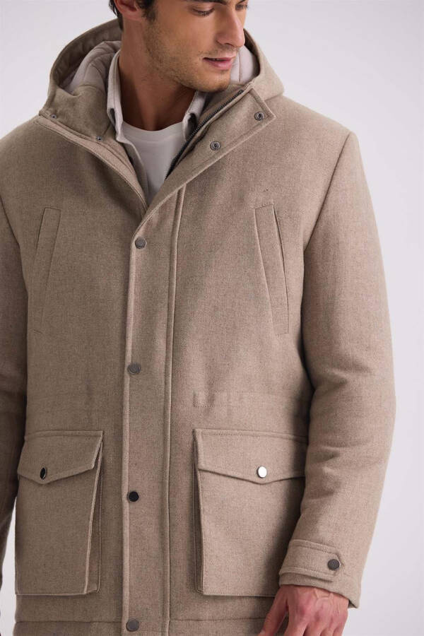 Beige Comfort Fit Hooded Wool Coat - 7