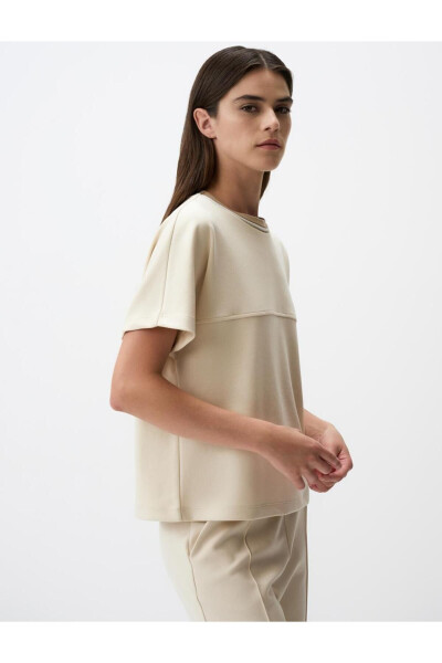 Beige Crew Neck Short Sleeve Plain T-Shirt - 4