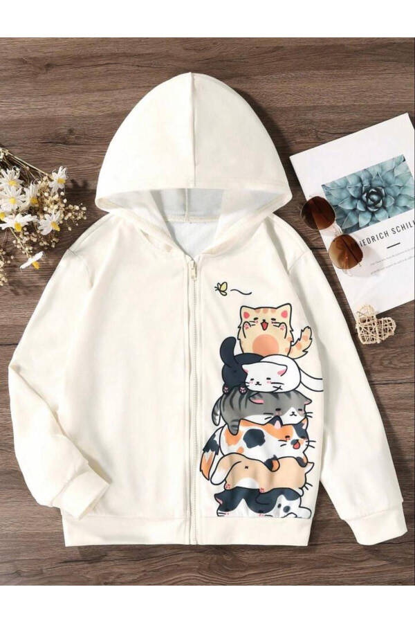 Beige Cute Cats Printed Girl/Boy Kids Hoodie - 1