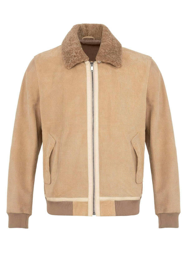 Beige Daniel Suede Printed Detachable Fur Collar Lined Men's Genuine Leather Jacket - 16