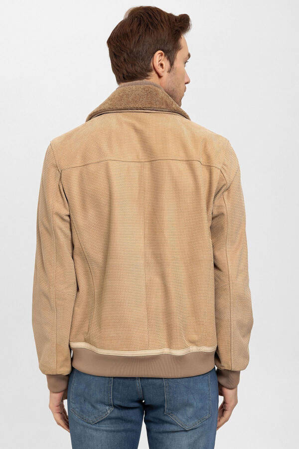 Beige Daniel Suede Printed Detachable Fur Collar Lined Men's Genuine Leather Jacket - 7