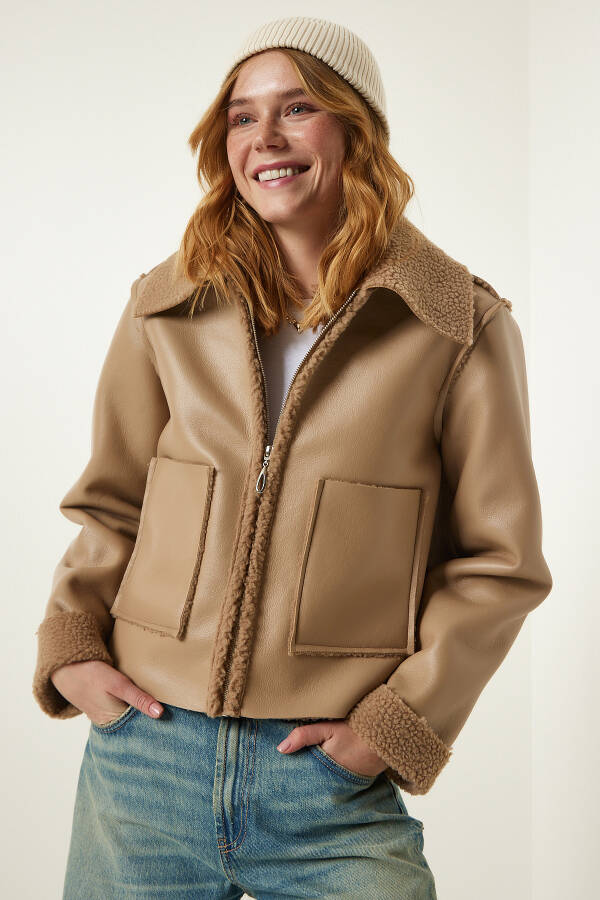 Beige Fur Collar Wide Pocket Faux Leather Jacket TP00027 - 1