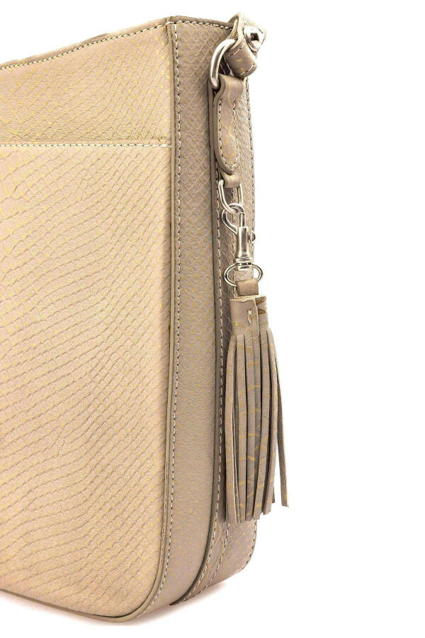 Beige genuine leather snake print women's shoulder bag - 5