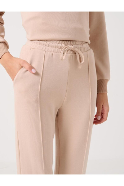 Beige High Waist Tie-Waist Ribbed Jogger Pants - 9