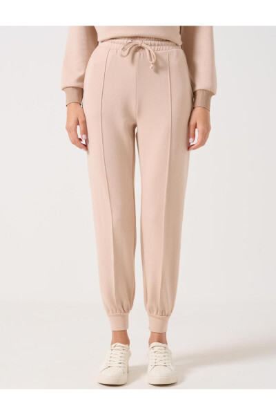 Beige High Waist Tie-Waist Ribbed Jogger Pants - 28