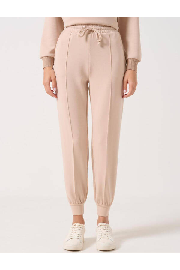 Beige High Waist Tie-Waist Ribbed Jogger Pants - 28