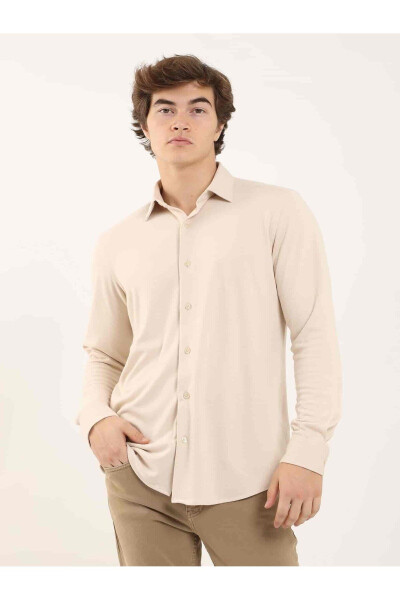 Beige Men's Slim Fit Plain Classic Collar Long Sleeve Shirt - 97956 - 6