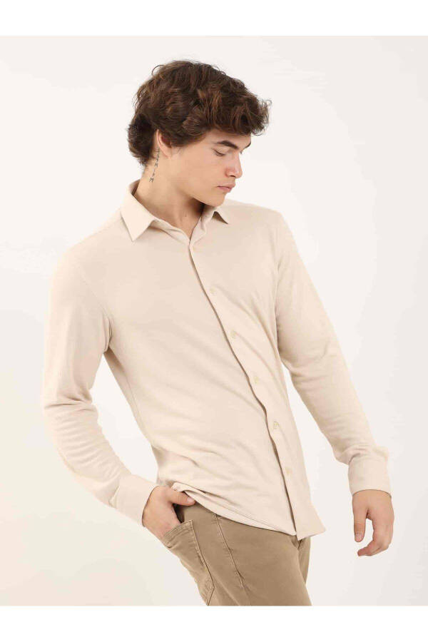 Beige Men's Slim Fit Plain Classic Collar Long Sleeve Shirt - 97956 - 7