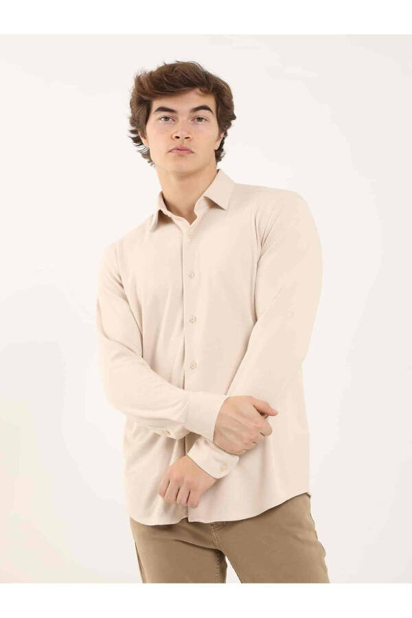 Beige Men's Slim Fit Plain Classic Collar Long Sleeve Shirt - 97956 - 8