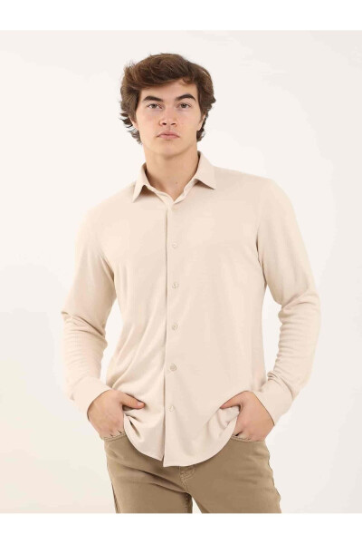 Beige Men's Slim Fit Plain Classic Collar Long Sleeve Shirt - 97956 - 9