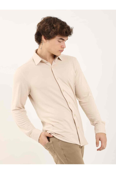 Beige Men's Slim Fit Plain Classic Collar Long Sleeve Shirt - 97956 - 2