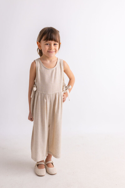 Beige Natural Linen Summer Sleeveless Back Buttoned Double Tie Girl Child Romper - 15