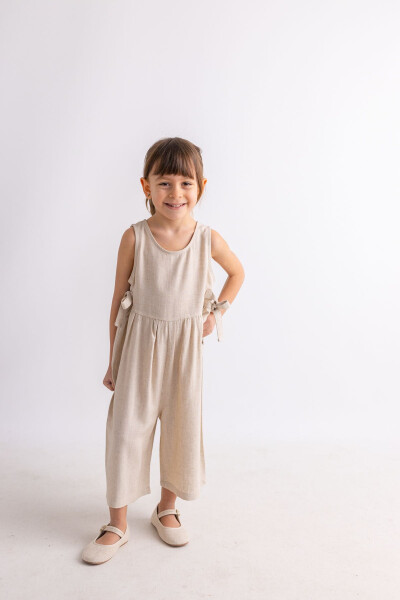 Beige Natural Linen Summer Sleeveless Back Buttoned Double Tie Girl Child Romper - 16