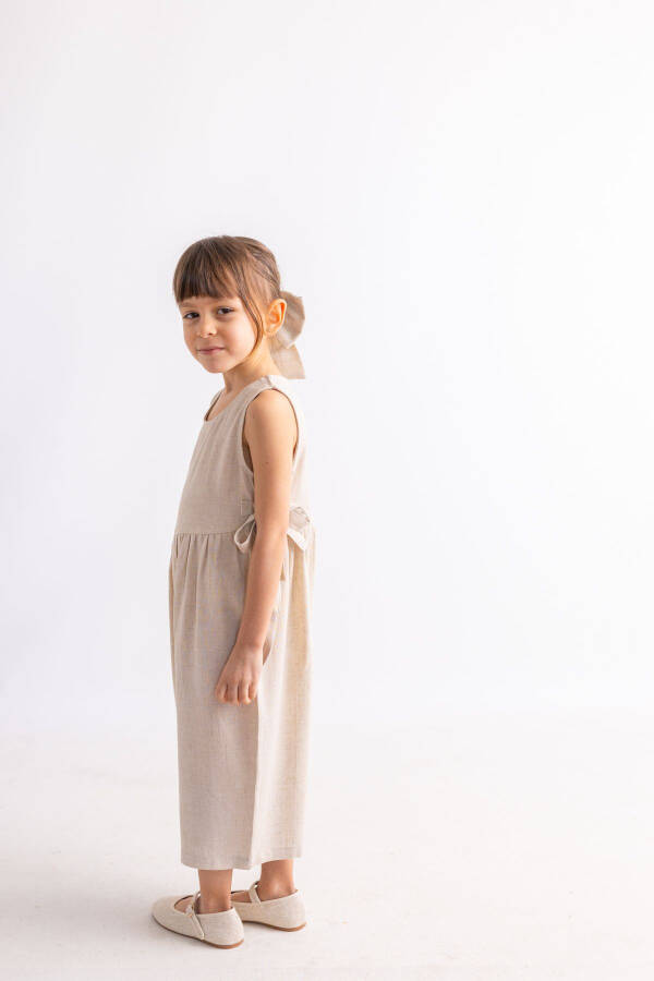 Beige Natural Linen Summer Sleeveless Back Buttoned Double Tie Girl Child Romper - 17