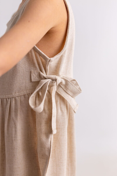 Beige Natural Linen Summer Sleeveless Back Buttoned Double Tie Girl Child Romper - 18