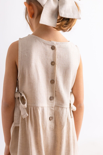 Beige Natural Linen Summer Sleeveless Back Buttoned Double Tie Girl Child Romper - 20