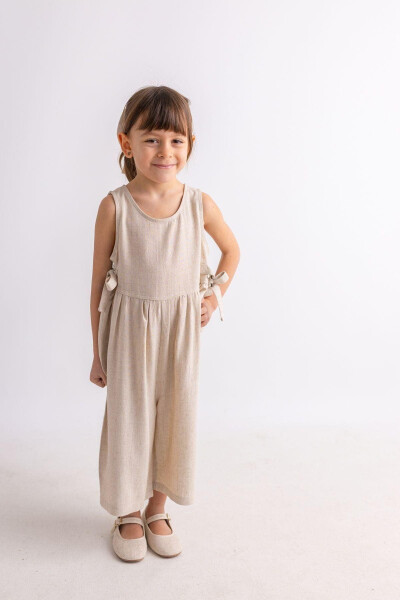 Beige Natural Linen Summer Sleeveless Back Buttoned Double Tie Girl Child Romper - 1