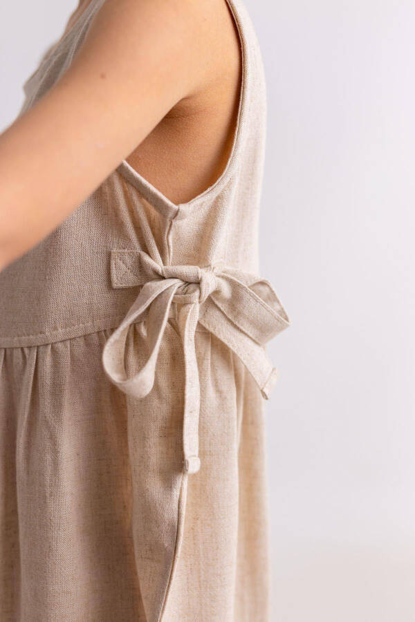 Beige Natural Linen Summer Sleeveless Back Buttoned Double Tie Girl Child Romper - 4