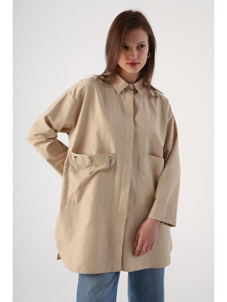 Beige Oversized Shirt with Big Pockets and Birdseye Pattern - 6