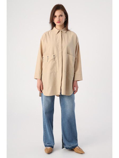 Beige Oversized Shirt with Big Pockets and Birdseye Pattern - 7