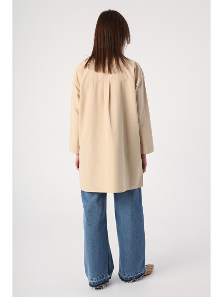 Beige Oversized Shirt with Big Pockets and Birdseye Pattern - 9