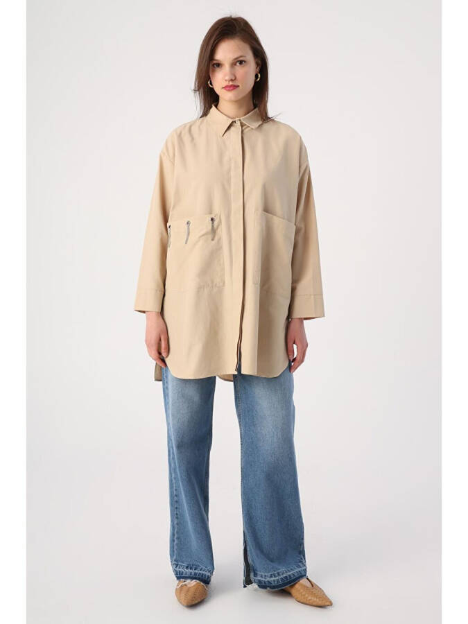 Beige Oversized Shirt with Big Pockets and Birdseye Pattern - 2