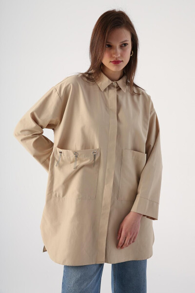 Beige Oversized Shirt with Big Pockets and Birdseye Pattern - 11