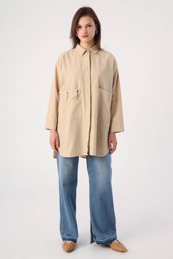 Beige Oversized Shirt with Big Pockets and Birdseye Pattern - 12