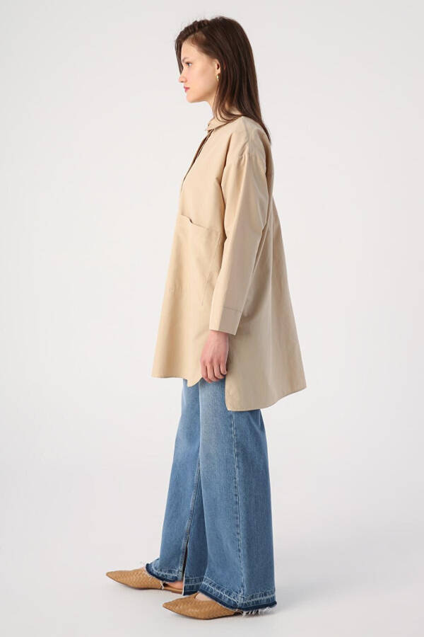 Beige Oversized Shirt with Big Pockets and Birdseye Pattern - 13