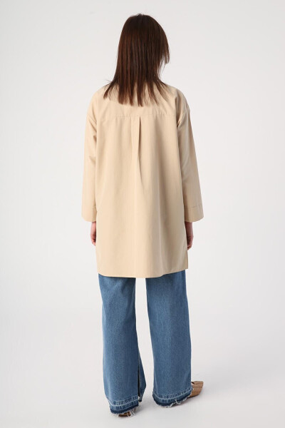 Beige Oversized Shirt with Big Pockets and Birdseye Pattern - 14