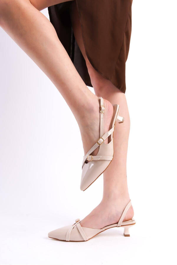 Beige Patent Leather 3 cm Heeled Shoes with Strap Buckle Detail Pointed Toe - 9